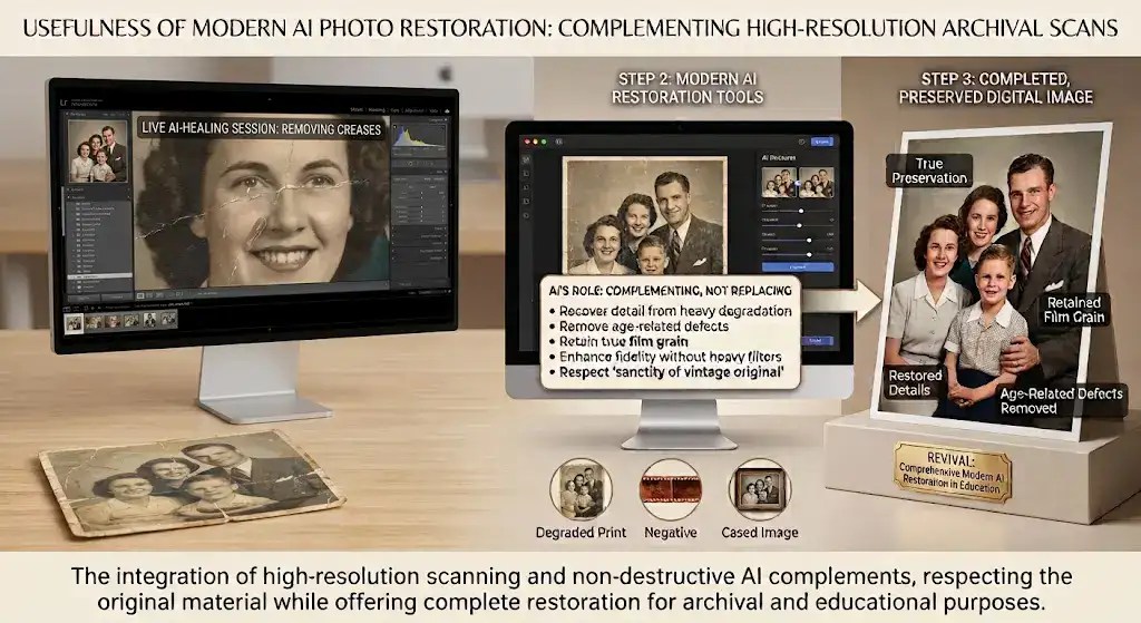 Modern AI photo restoration process preserving authentic archival image details.