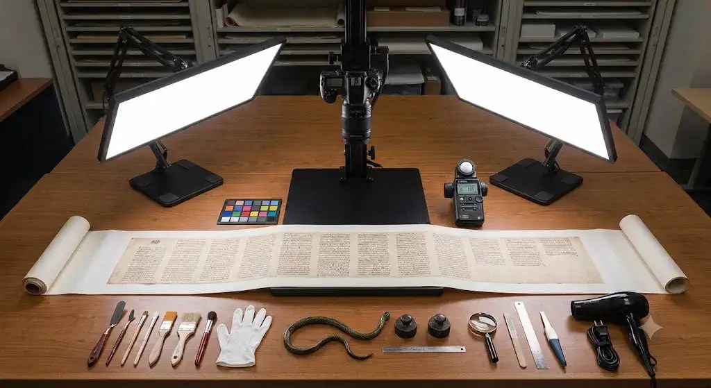 Digitizing fragile physical media. An old, very long rolled parchment paper layed out in preparation for digitizing.
