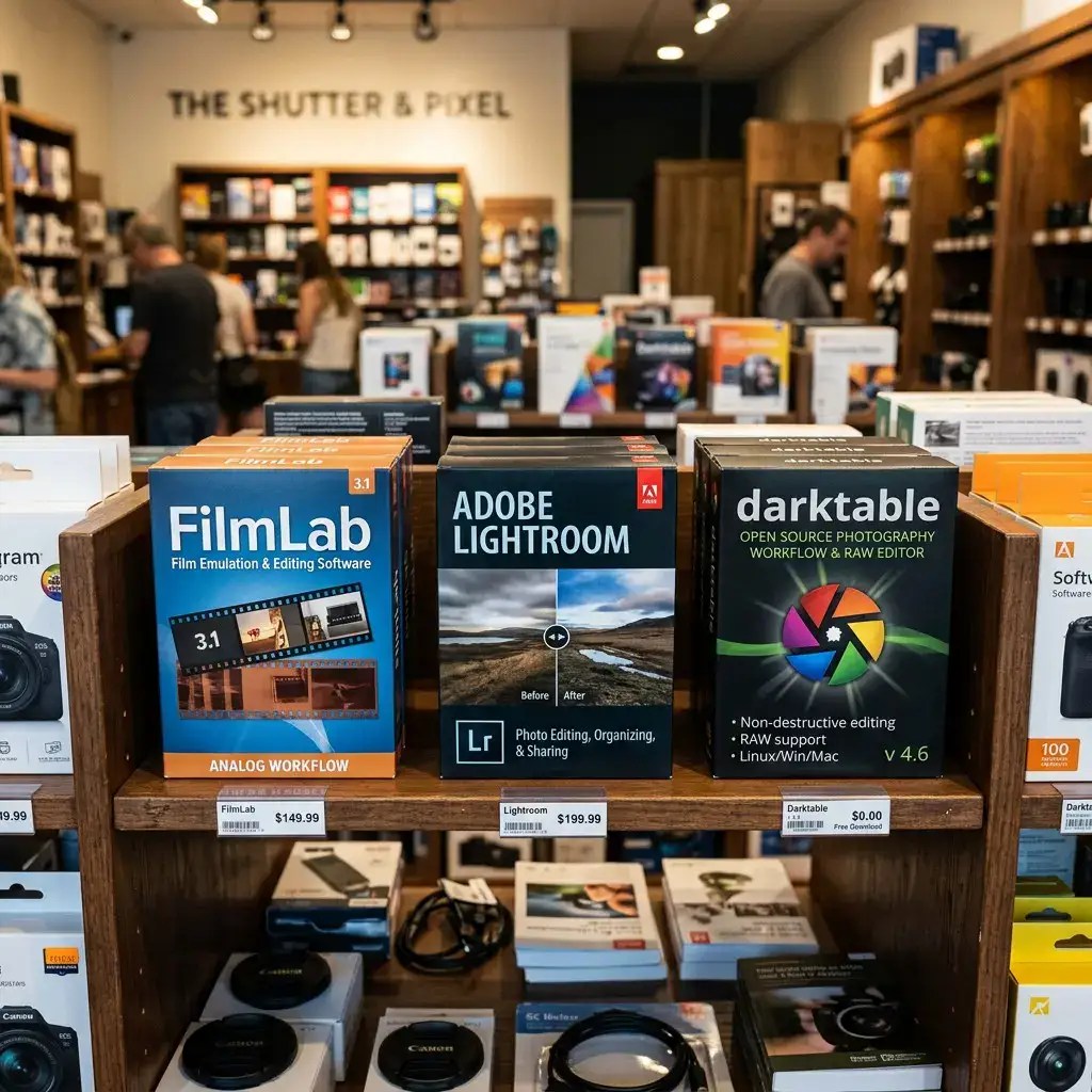 Fabricate retail software boxes on a shelf presenting FilmLab Desktop, Adobe Lightroom, Darktable., for converting color negatives to positive images. Ensure no copyright infringements.