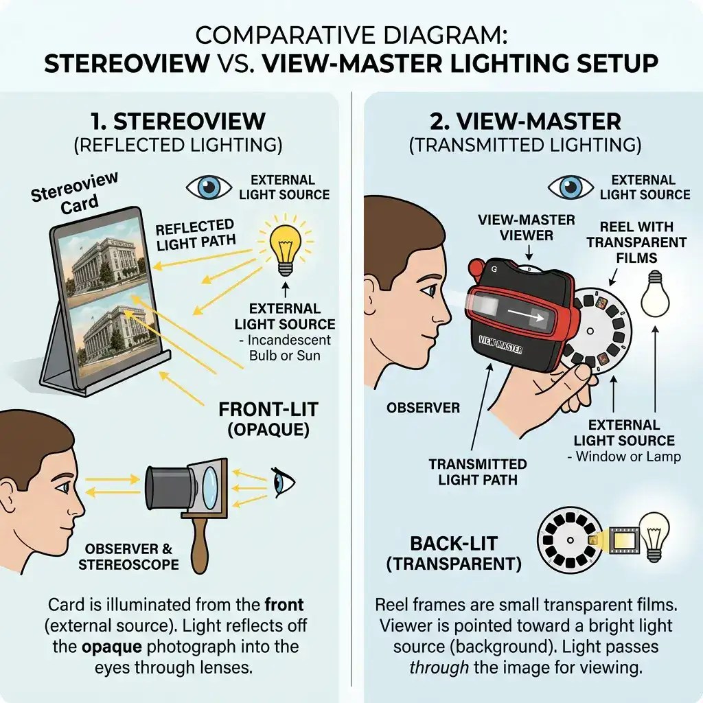 Digitizing 3D History & Complex Formats. An AI generated infographic showin ways of viewing vintage stereographic images.
