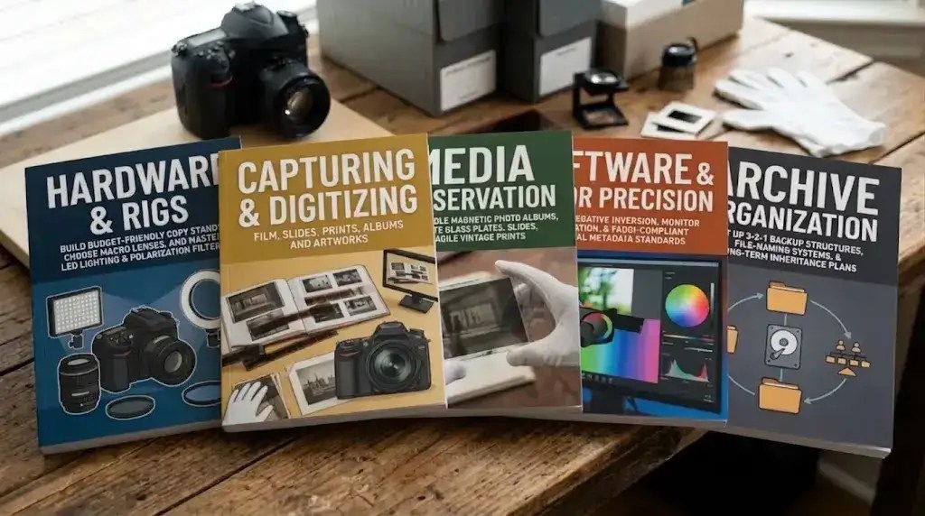 Camera Scanning. An AI generated image of 5 Books covering hardware & rigs, capturing and digitizing, media preservation, software & color precision and archive organization.