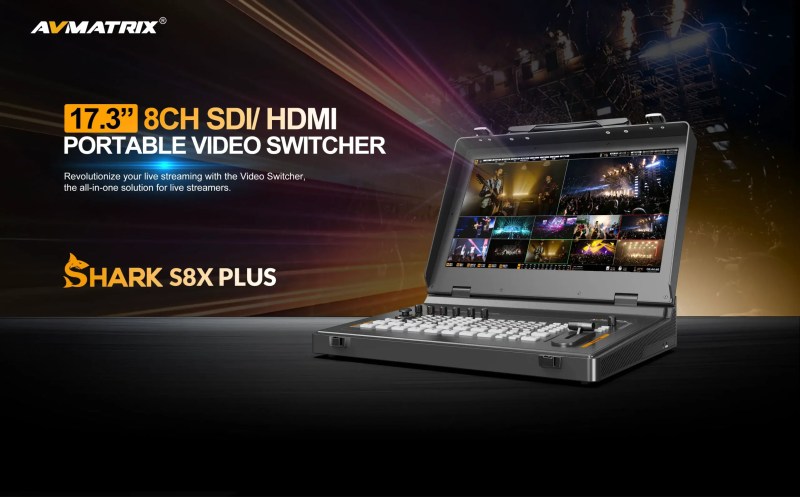 SHARK S8X PLUS scaled AVMATRIX SHARK S8X PLUS - 17.3” 8CH SDI/ HDMI PORTABLE VIDEO SWITCHER