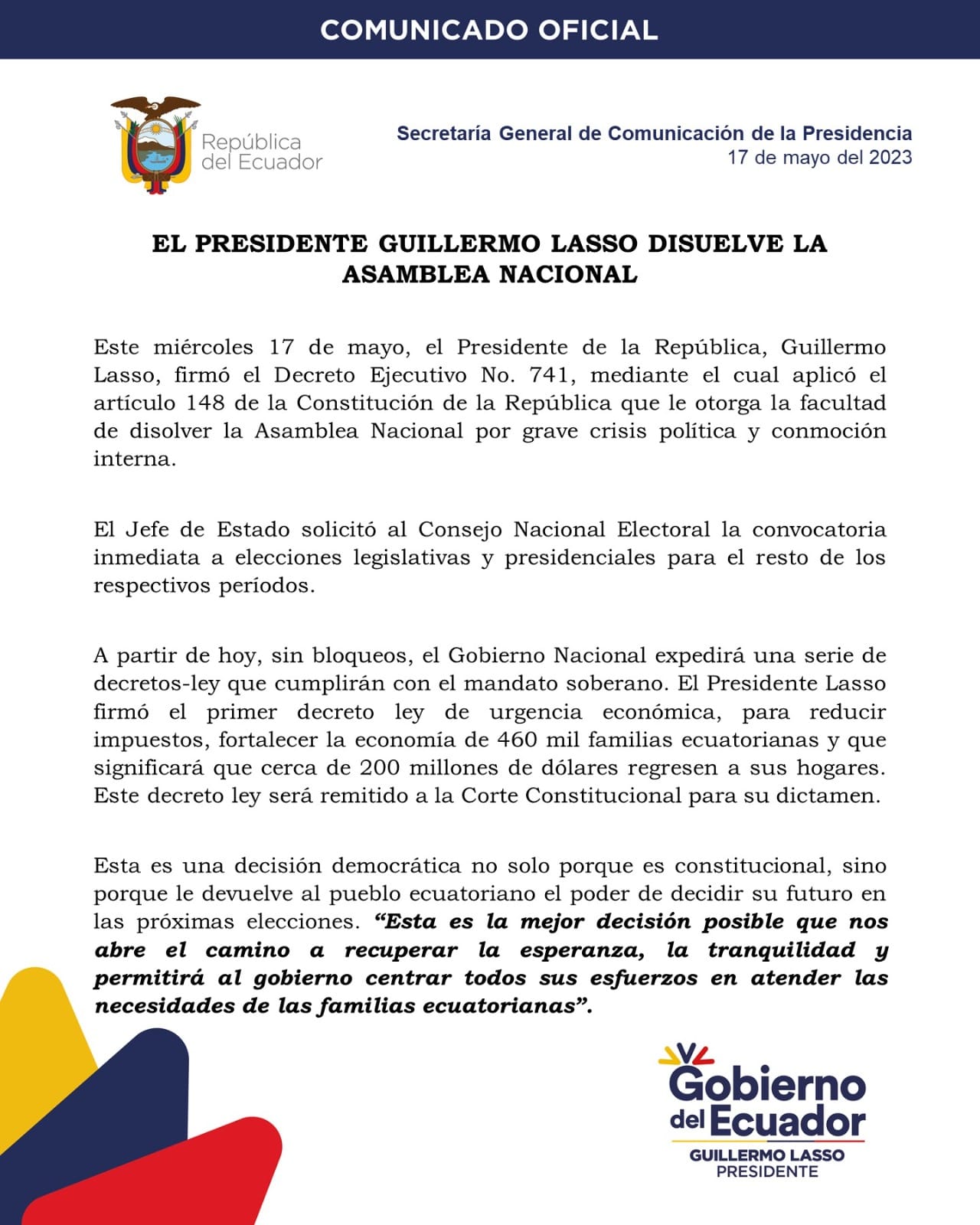 Decreto disolucion de Asamblea
