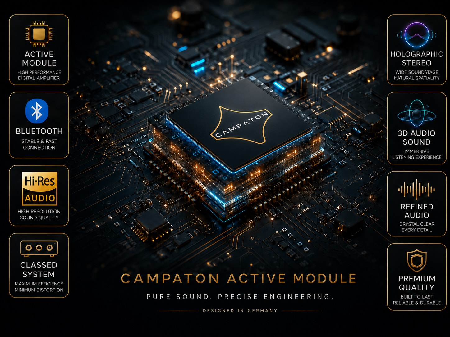 Futuristische Leiterplatte mit CAMPATON Active Module und Hinweisen zu Bluetooth, Hi-Res Audio, Class-D-Verstärkung und 3D Audio