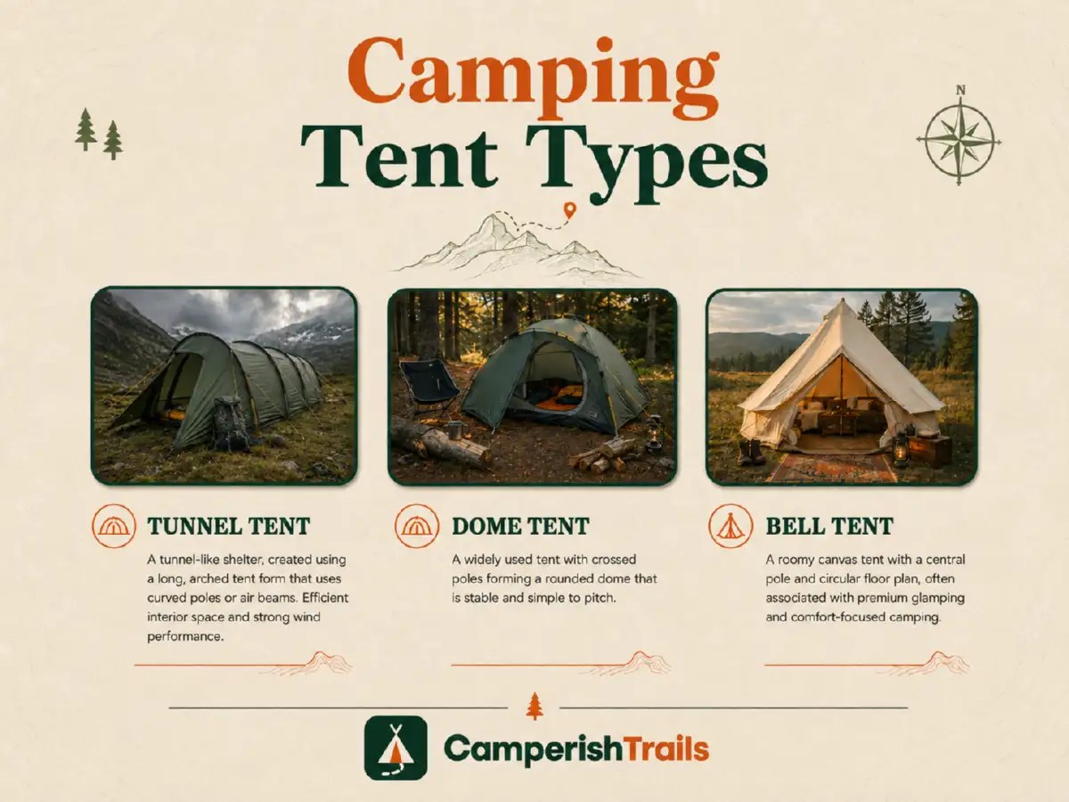 Camping tent types infographic featuring tunnel, dome, and bell tents, with outdoor campsite images and concise descriptions of each tent style.