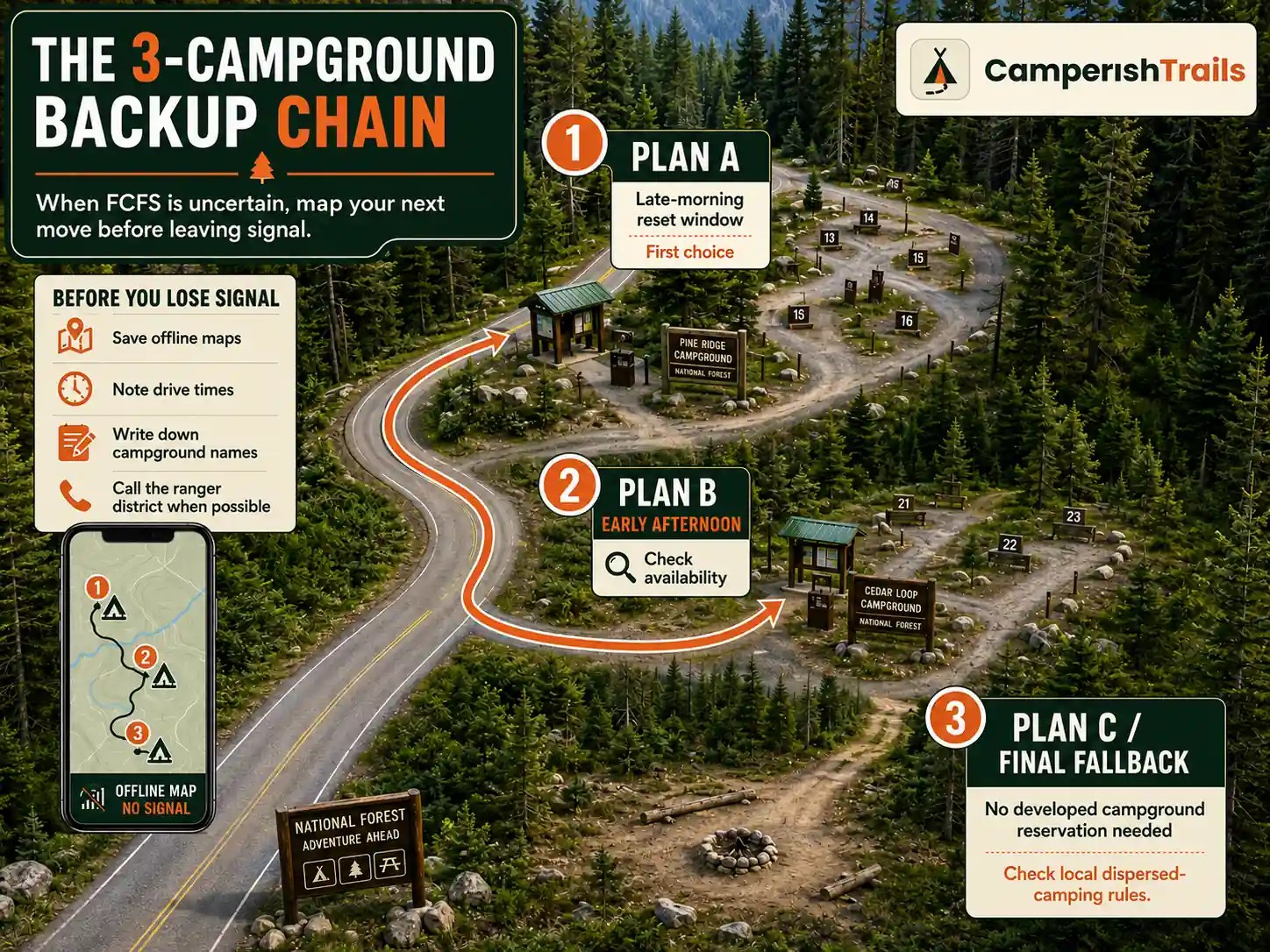 Three-campground backup strategy for first-come, first-served camping, showing a forest road leading from Plan A to Plan B and a dispersed-camping Plan C fallback, with offline navigation and trip-planning reminders.