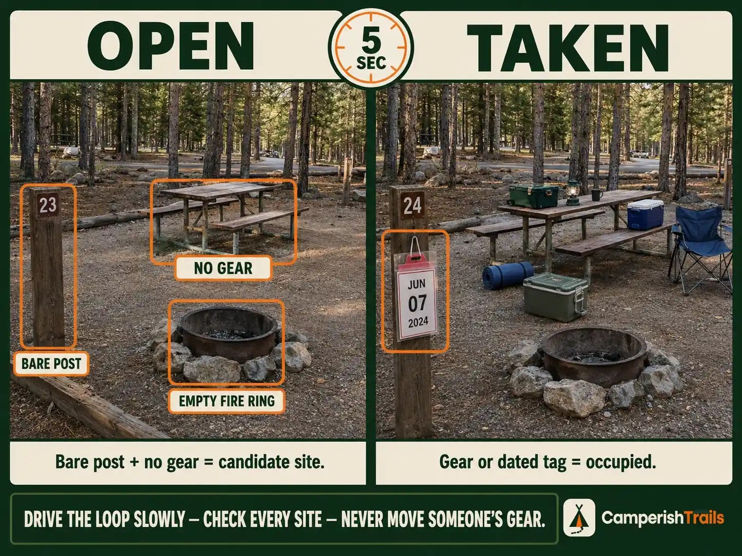 Side-by-side comparison of an open and occupied first-come, first-served campsite in a U.S. forest campground, showing a bare numbered post, empty fire ring, and no gear at the open site versus a dated occupancy tag and camping gear at the taken site.