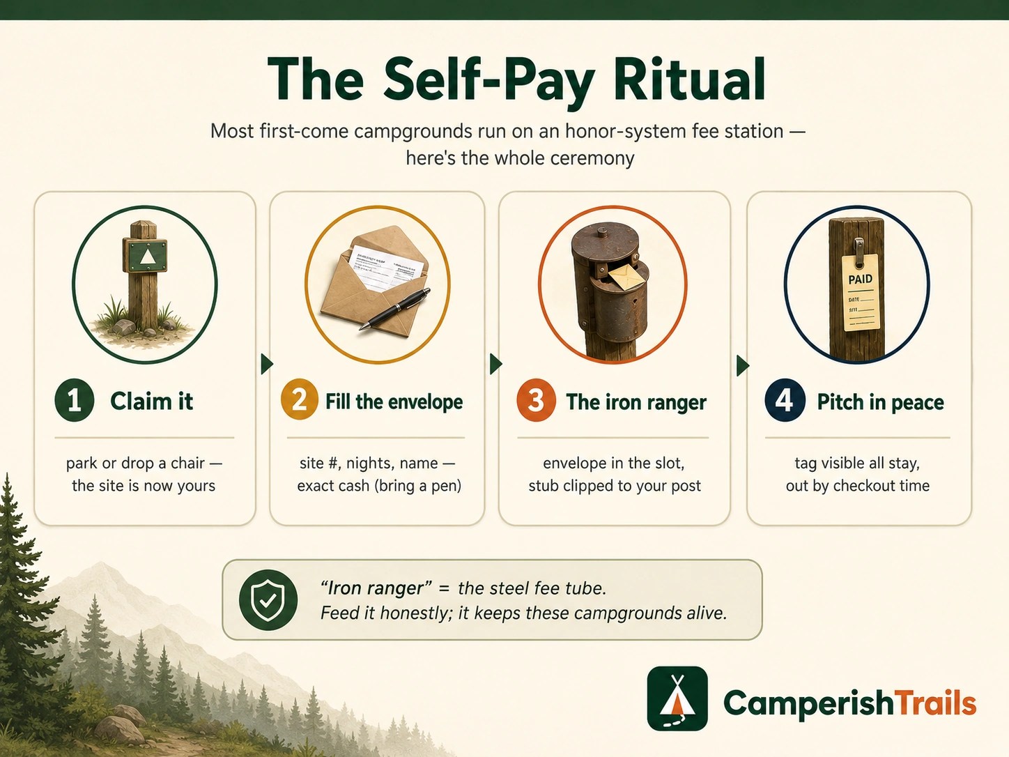 Four-step self-pay ritual at a first-come campground — claim the site, fill the envelope, feed the iron ranger fee tube, pitch by checkout rules