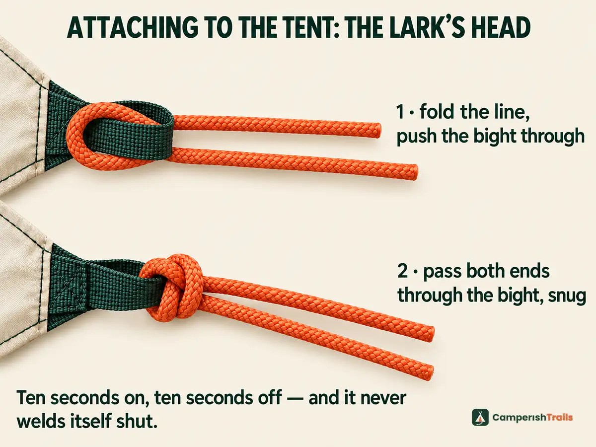 Attaching a guyline to the tent loop with a lark's head — bight through the loop, ends through the bight
