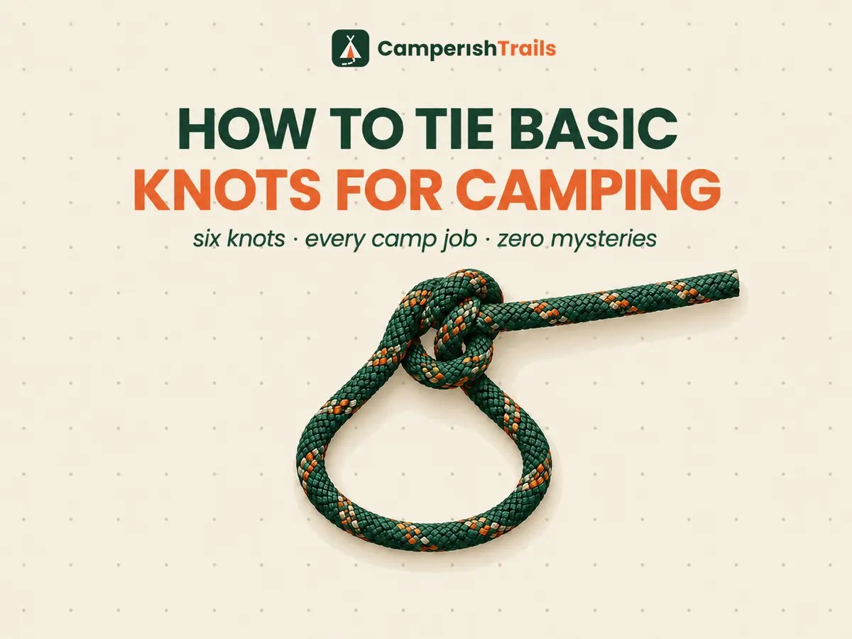 How to tie basic knots for camping — title card with a giant woven bowline as the hero object