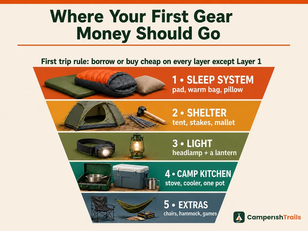 Gear priority pyramid for beginner campers with sleep system at the base, then shelter, light, camp kitchen, and extras on top