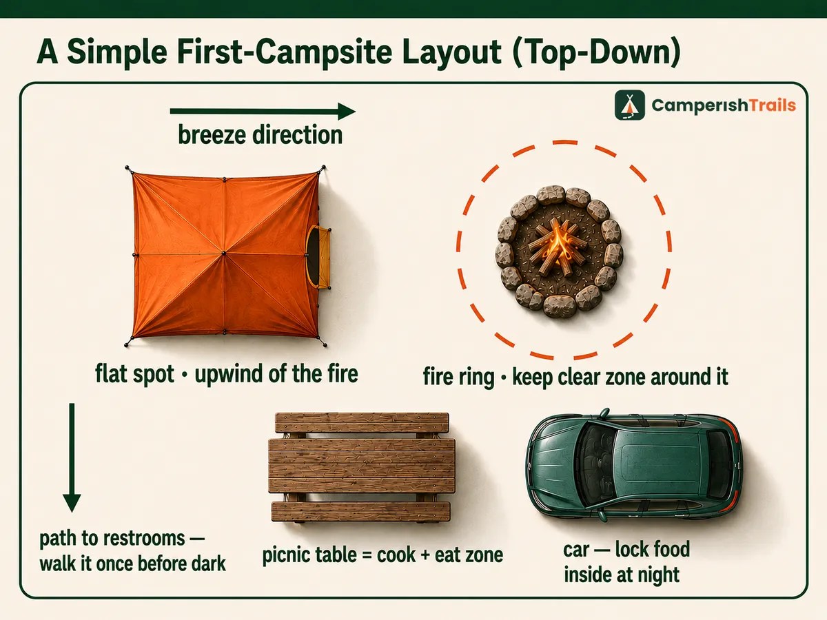 Top-down diagram of a simple beginner campsite layout showing tent placement, fire ring clearance, picnic table cooking zone, and car