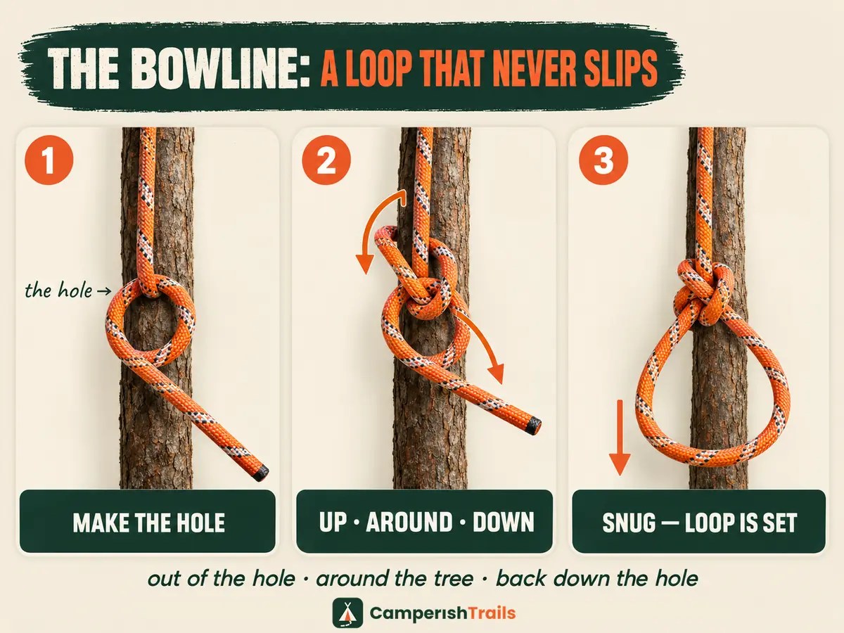 Bowline steps — make the hole, up around the tree and back down, snug the loop