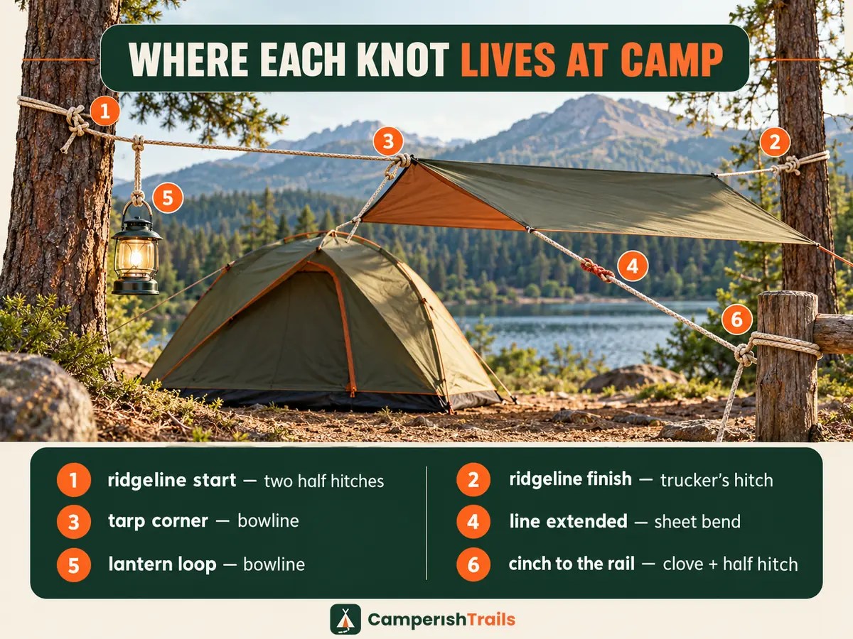 Campsite map showing where each basic camping knot lives, from ridgeline hitches to the lantern bowline