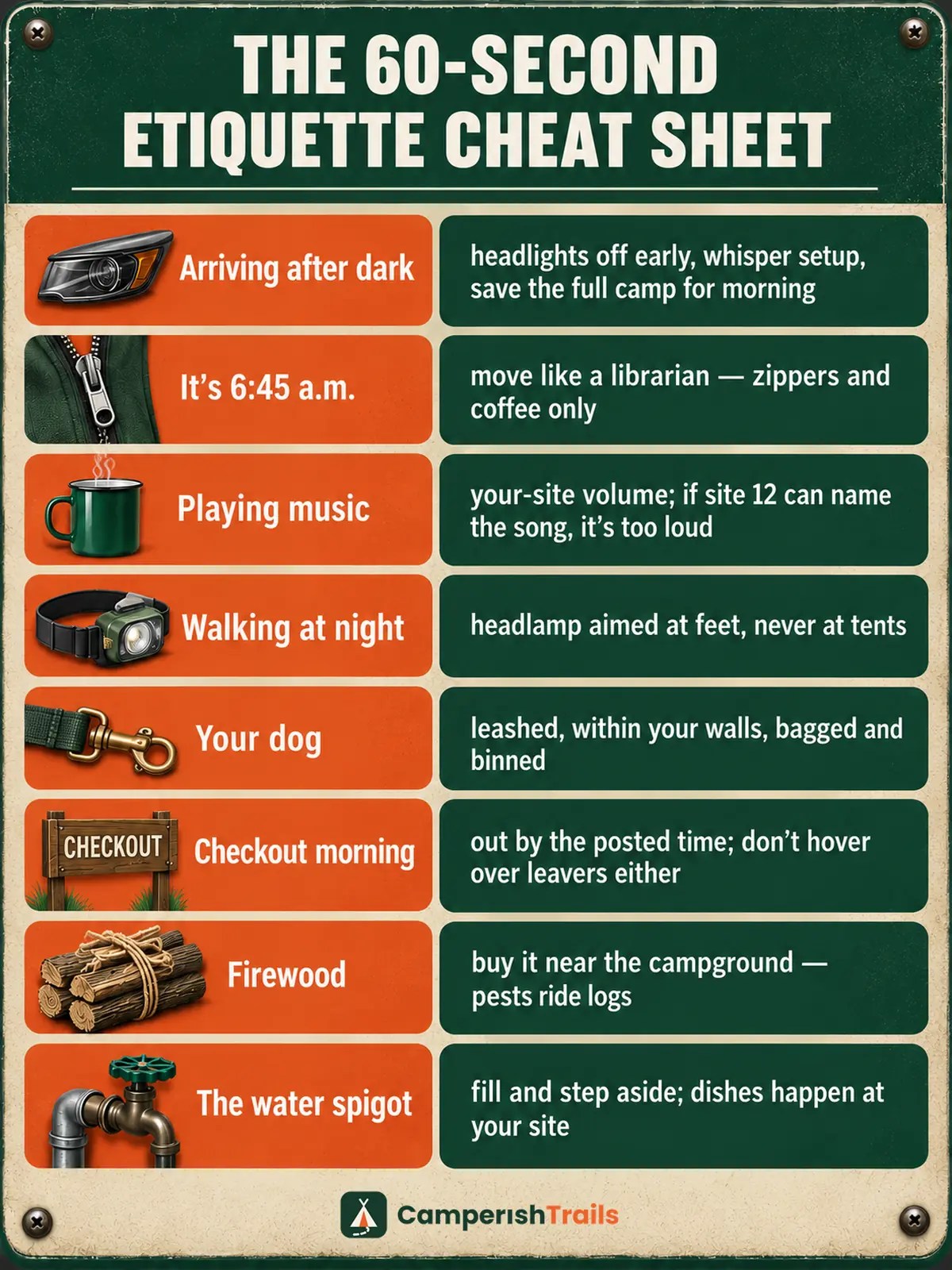 Sixty-second campground etiquette cheat sheet card matching eight common situations to the courteous move
