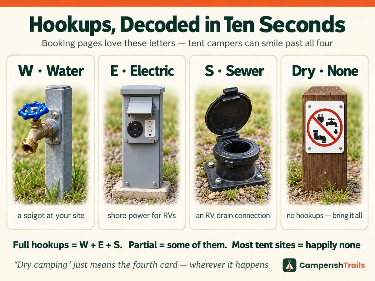 Campground hookups decoded — four cards for water, electric, sewer, and dry meaning no hookups at all