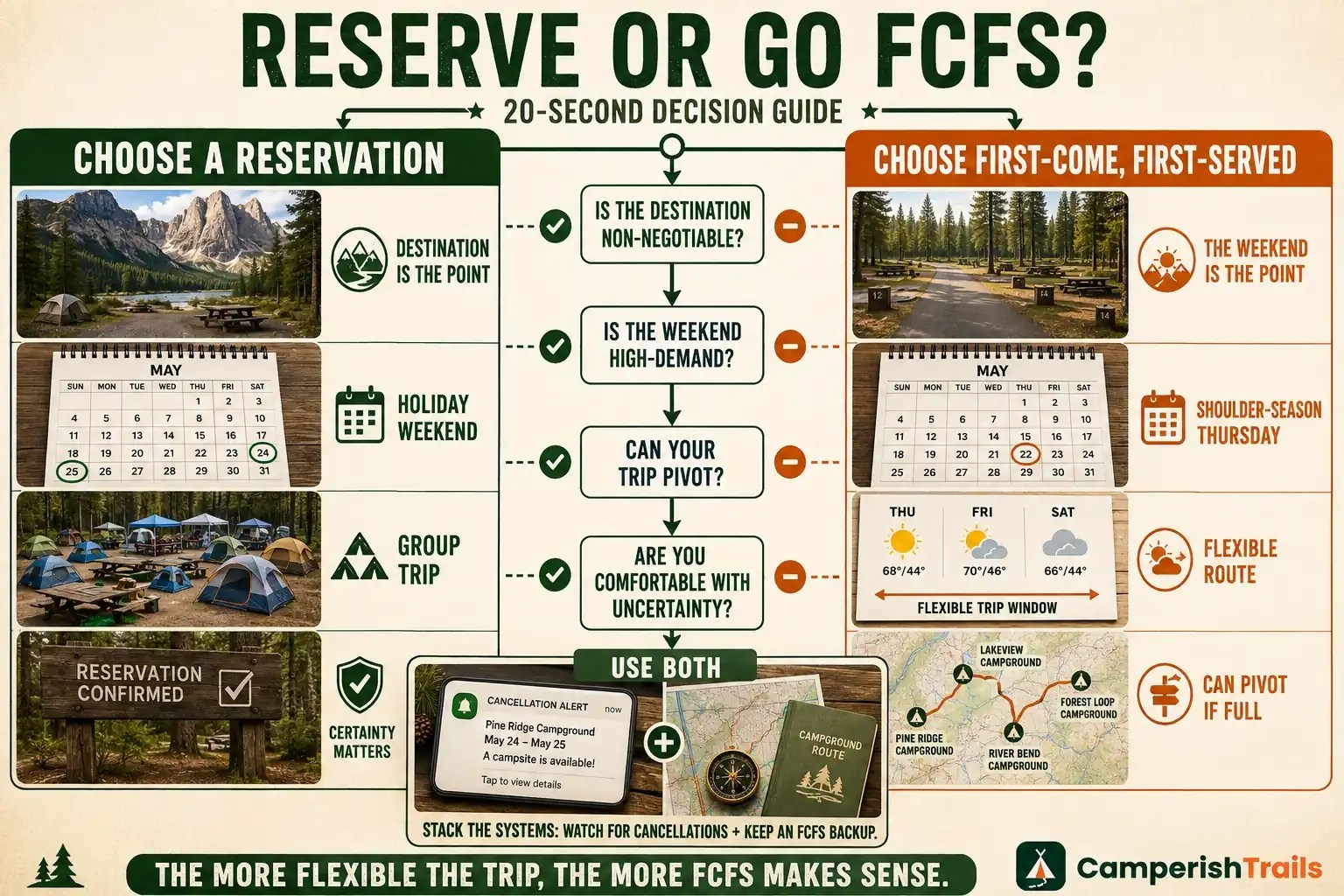 Decision infographic comparing campsite reservations vs. first-come, first-served camping, showing when to reserve for popular destinations, holiday weekends, group trips, and certainty, versus using FCFS for flexible routes, shoulder-season trips, and adaptable plans.