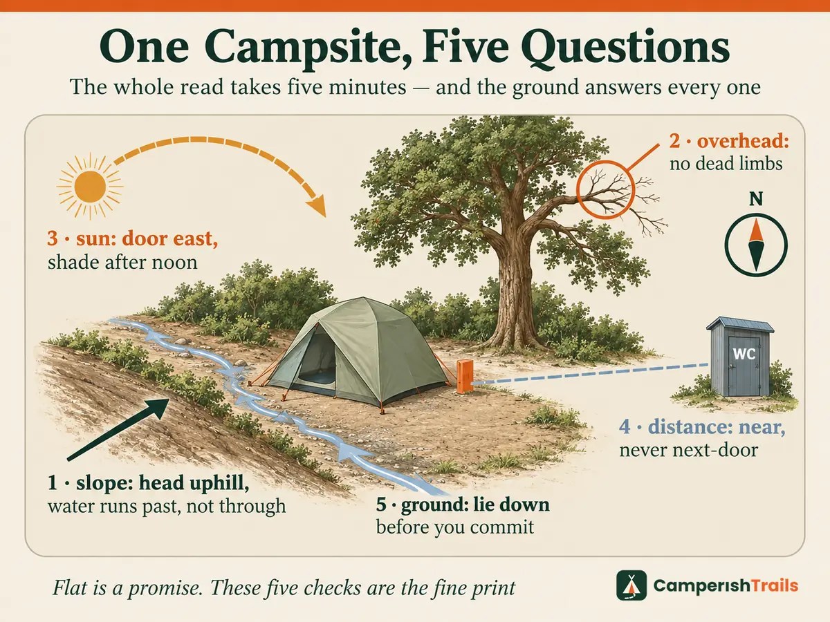 One campsite with five numbered checks — slope direction, overhead limbs, sun path, distances to facilities, and a ground inspection