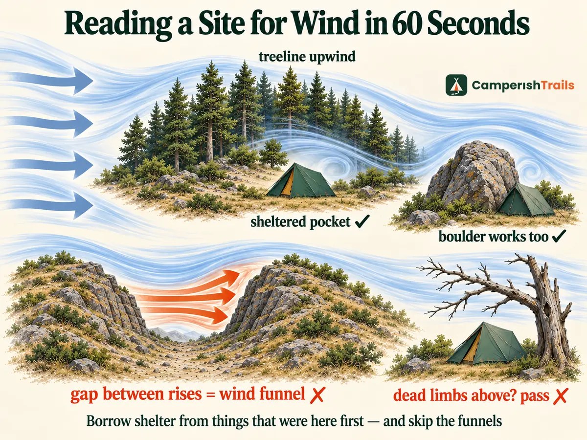 Reading a campsite for wind — sheltered pockets behind a treeline and boulder marked good, a gap funnel and dead overhead limbs marked pass