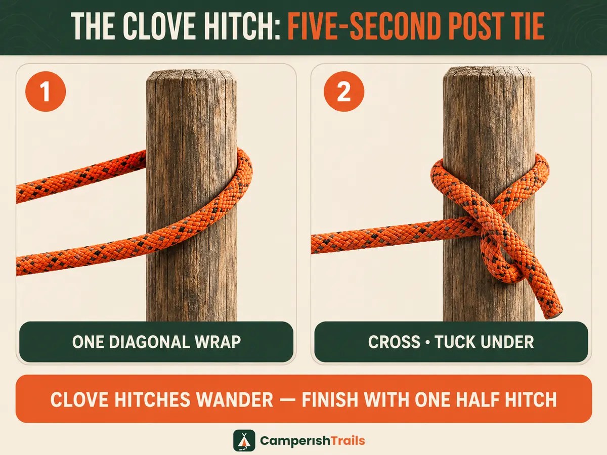 Clove hitch in two wraps with the caveat to finish with one half hitch