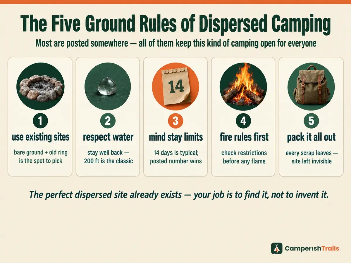 Five ground rules of dispersed camping illustrated — use existing sites, respect water setbacks, mind stay limits, check fire rules, pack everything out
