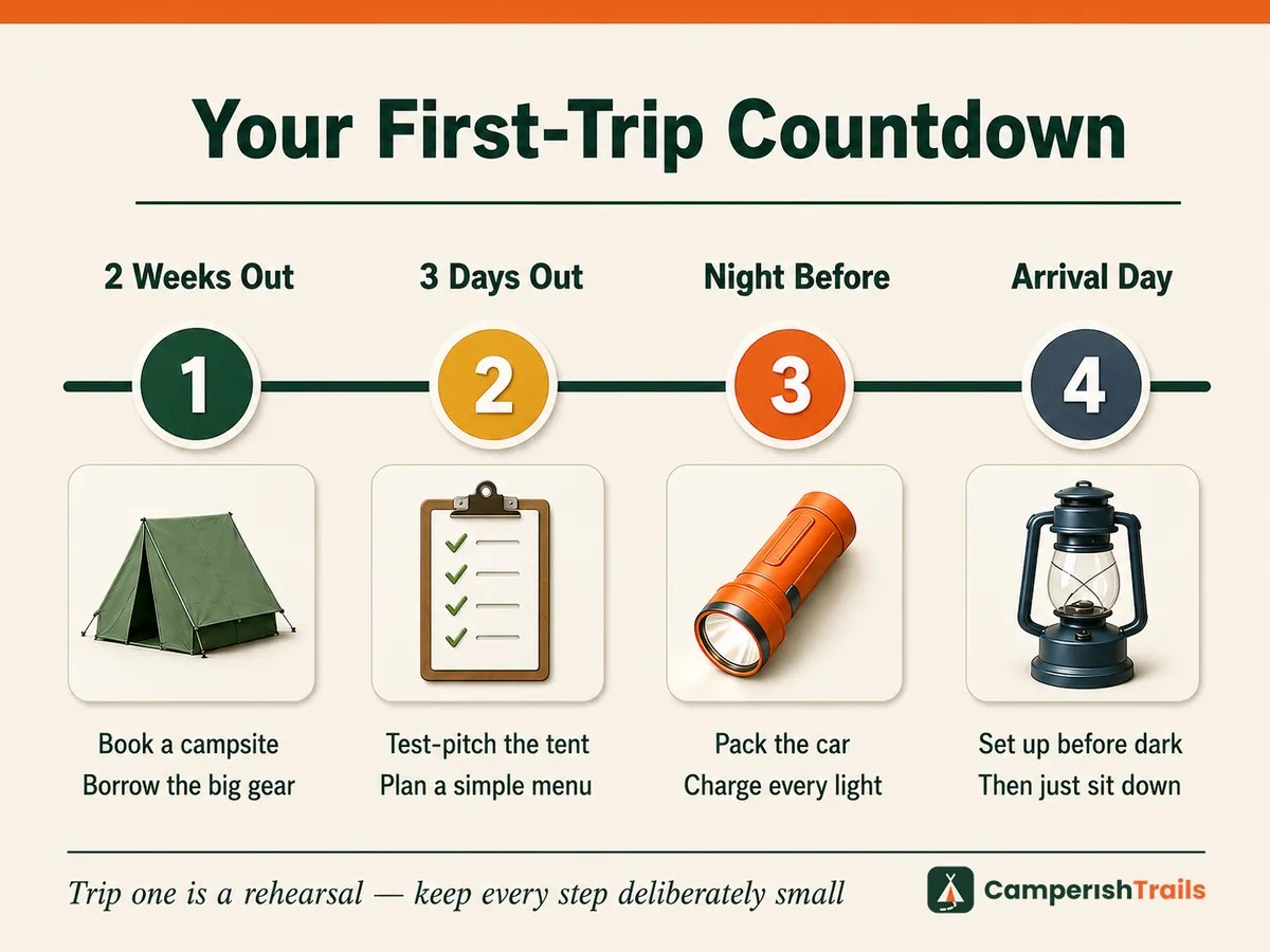 Four-step first camping trip countdown timeline from two weeks out to arrival day