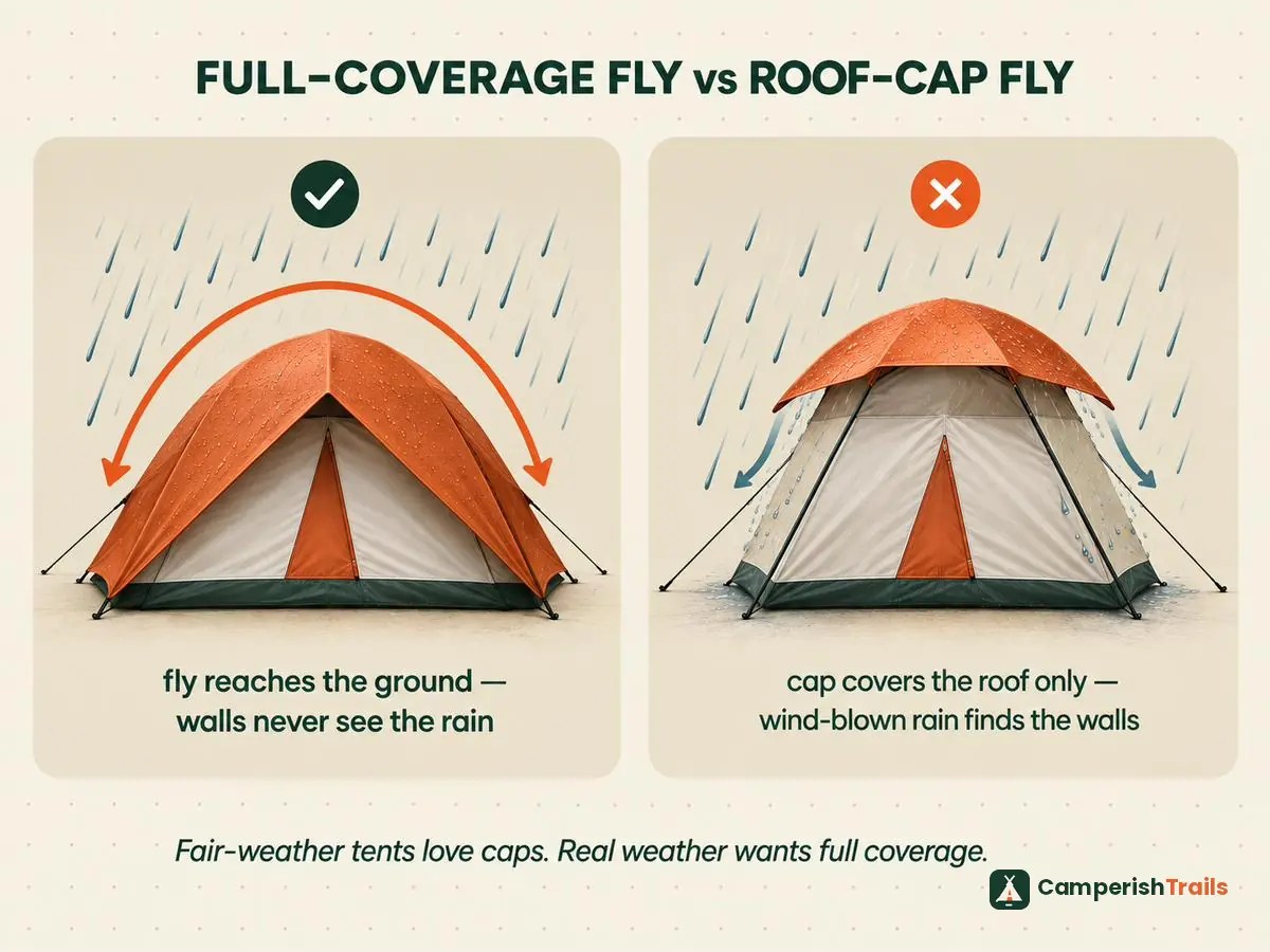 full-coverage rainfly reaching the ground versus a roof-cap fly that leaves tent walls exposed to rain