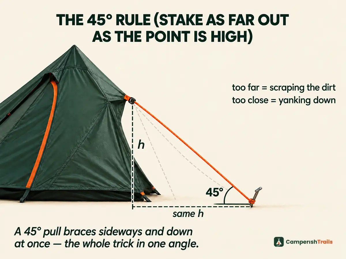The 45-degree guyline rule — stake as far out as the attachment point is high, with too-close and too-far ghosts
