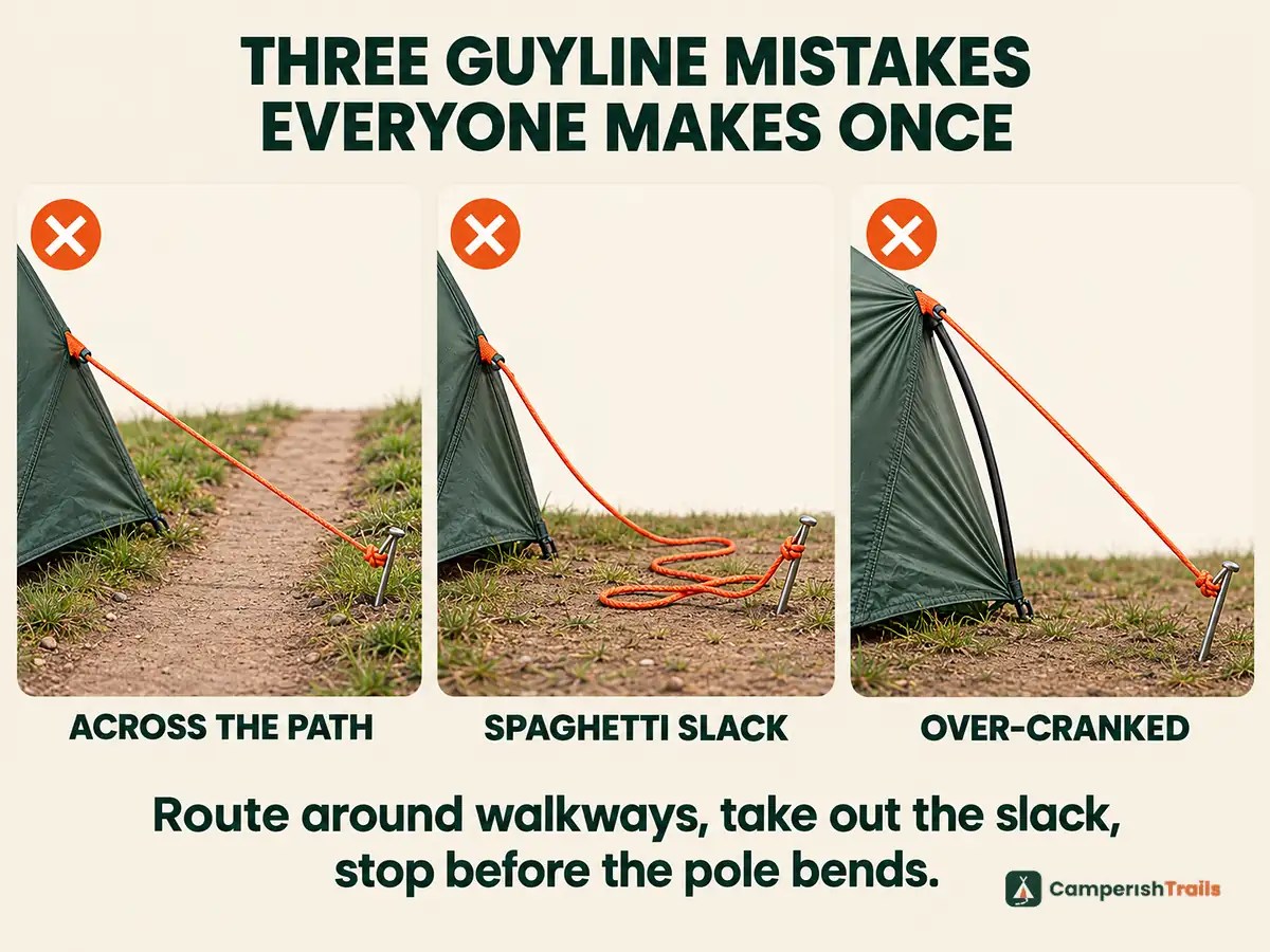 Three guyline mistakes — a line across the walking path, spaghetti slack, and an over-cranked pole