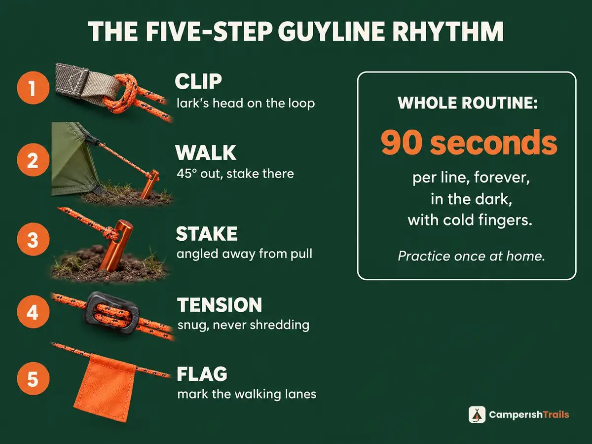 The five-step guyline rhythm — clip, walk, stake, tension, flag — ninety seconds per line