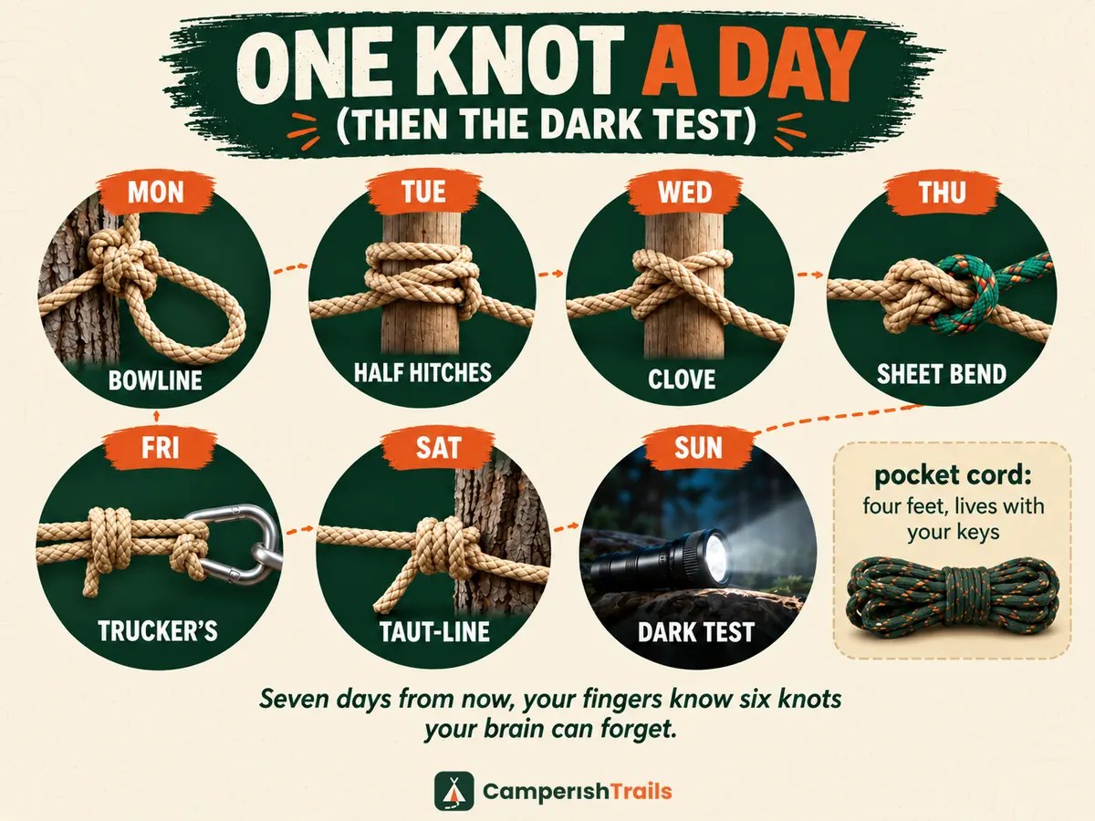 One-knot-a-day practice ladder ending in Sunday's eyes-closed dark test, with the pocket-cord habit