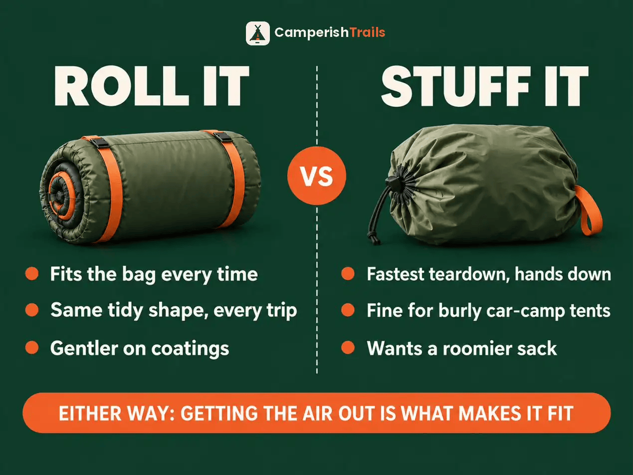Rolling versus stuffing a tent compared side by side, with the reminder that removing air is what makes it fit