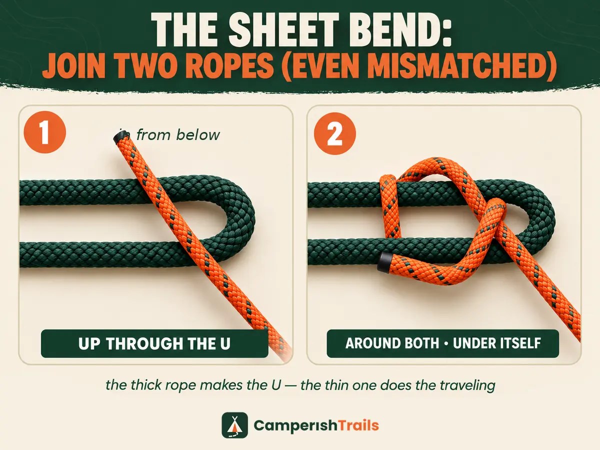 Sheet bend joining two mismatched ropes — up through the U, around both, under itself