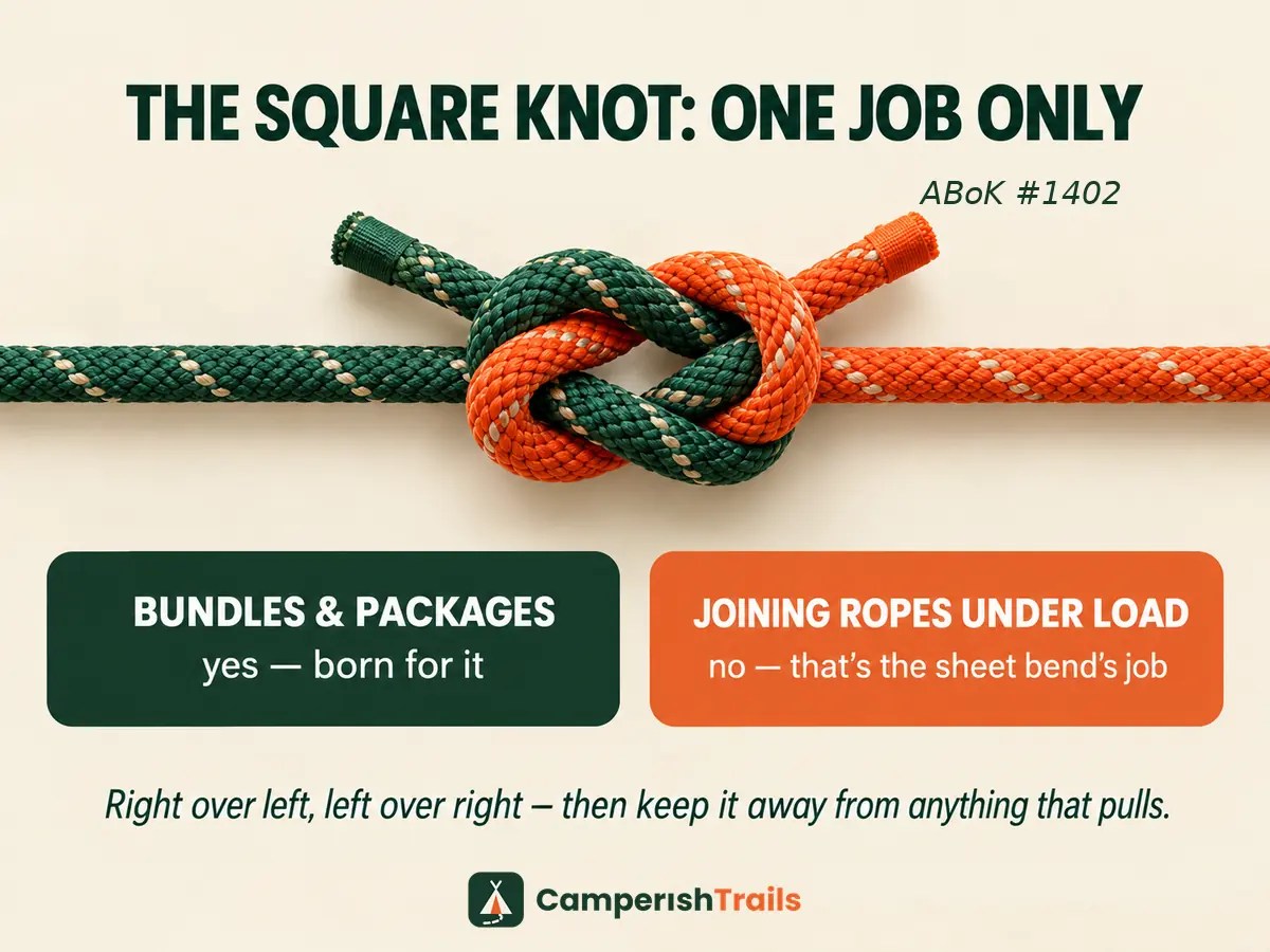 The square knot's one job — yes to bundles and packages, no to joining ropes under load