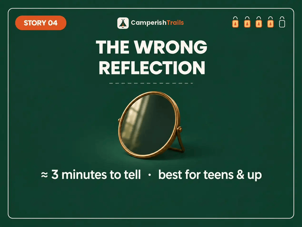 The Wrong Reflection — a moonlit water pot with a reflection lagging behind, fright level four