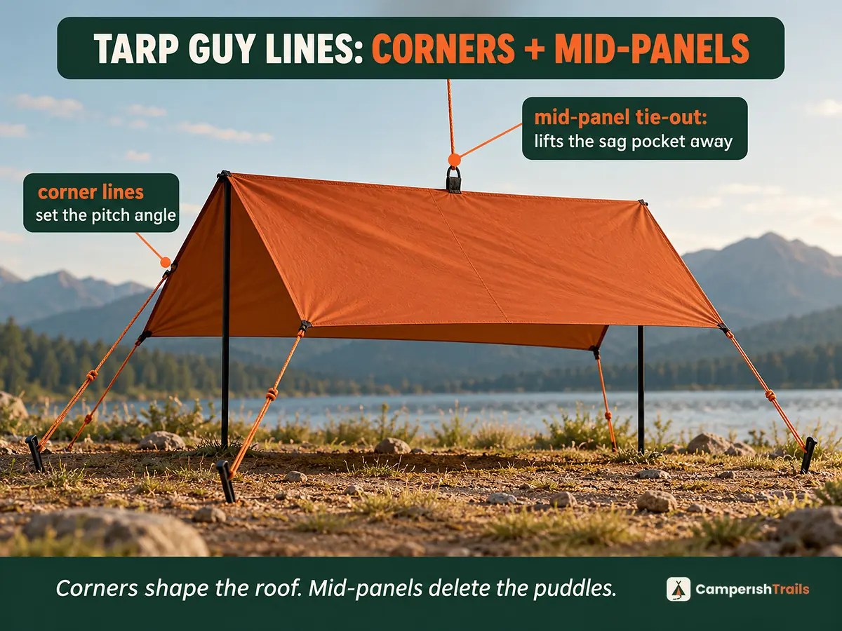 Tarp guy lines — corner lines setting the pitch and a mid-panel tie-out lifting the sag pocket