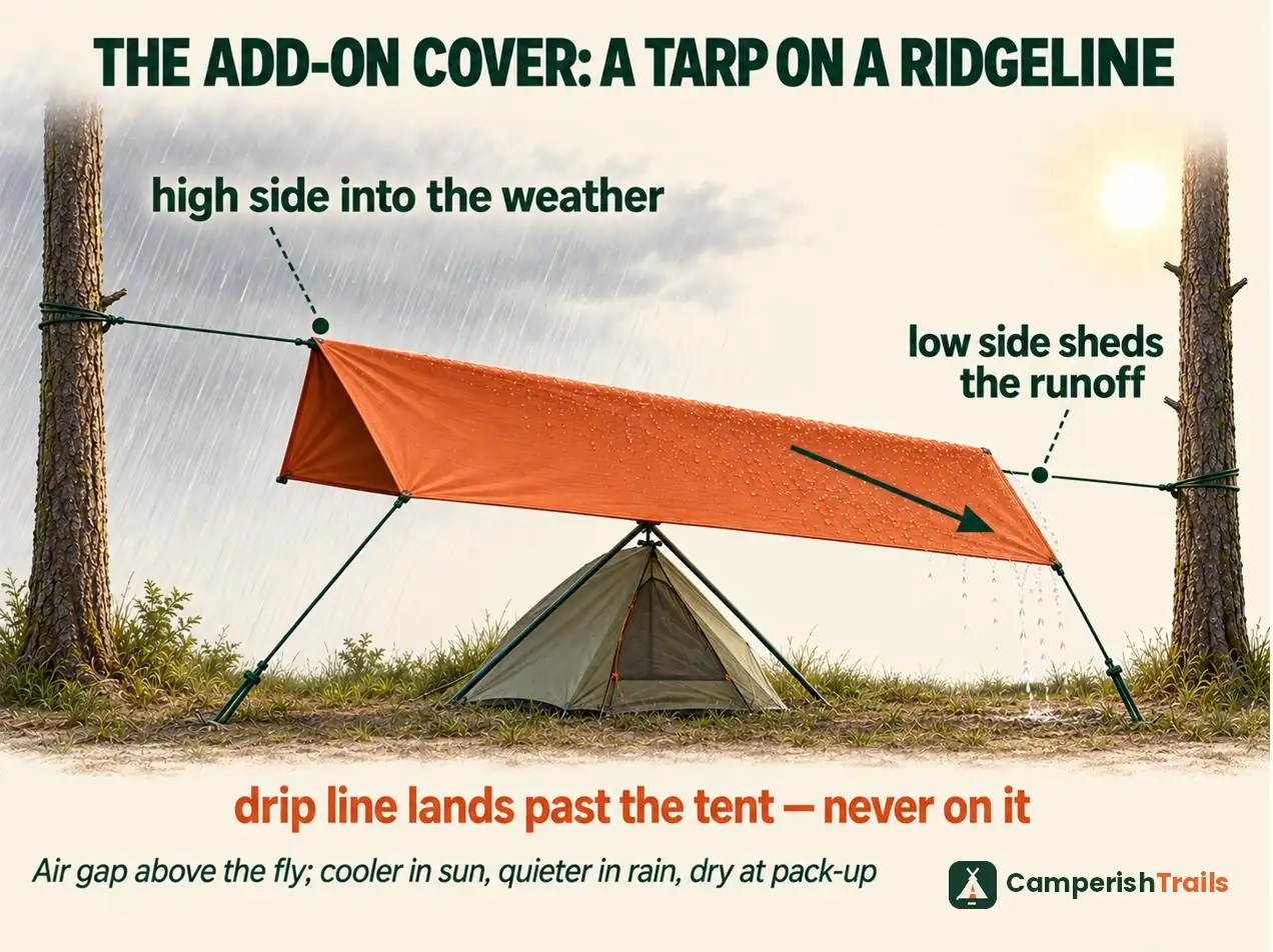 Tarp pitched on a ridgeline over a tent, angled so the drip line lands past the tent