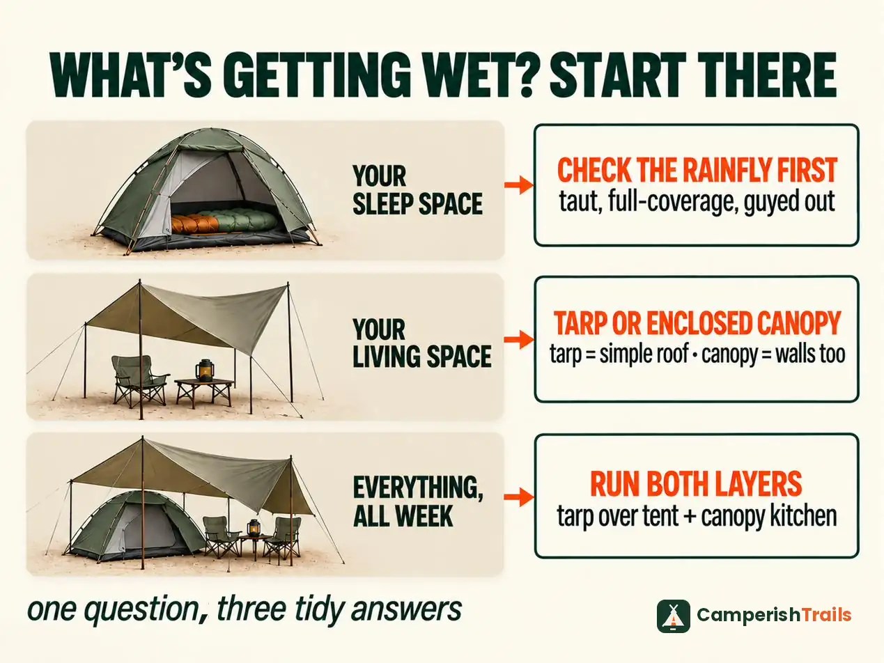 Decision chart routing what's getting wet — sleep space to the rainfly, living space to tarp or canopy, everything to both
