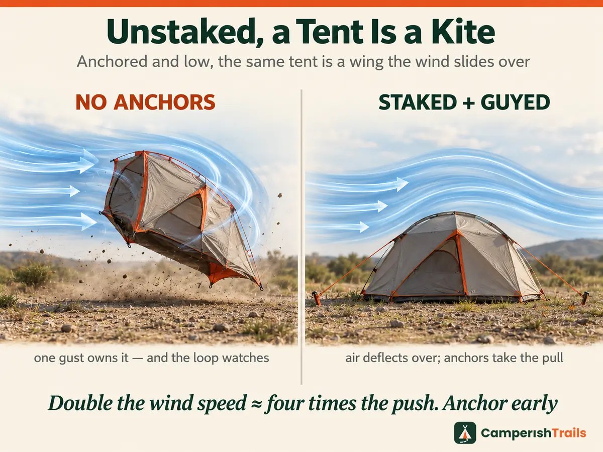Unstacked tent tumbling like a kite versus the same tent staked and guyed, deflecting wind like a wing, with a note that doubling wind speed roughly quadruples the push