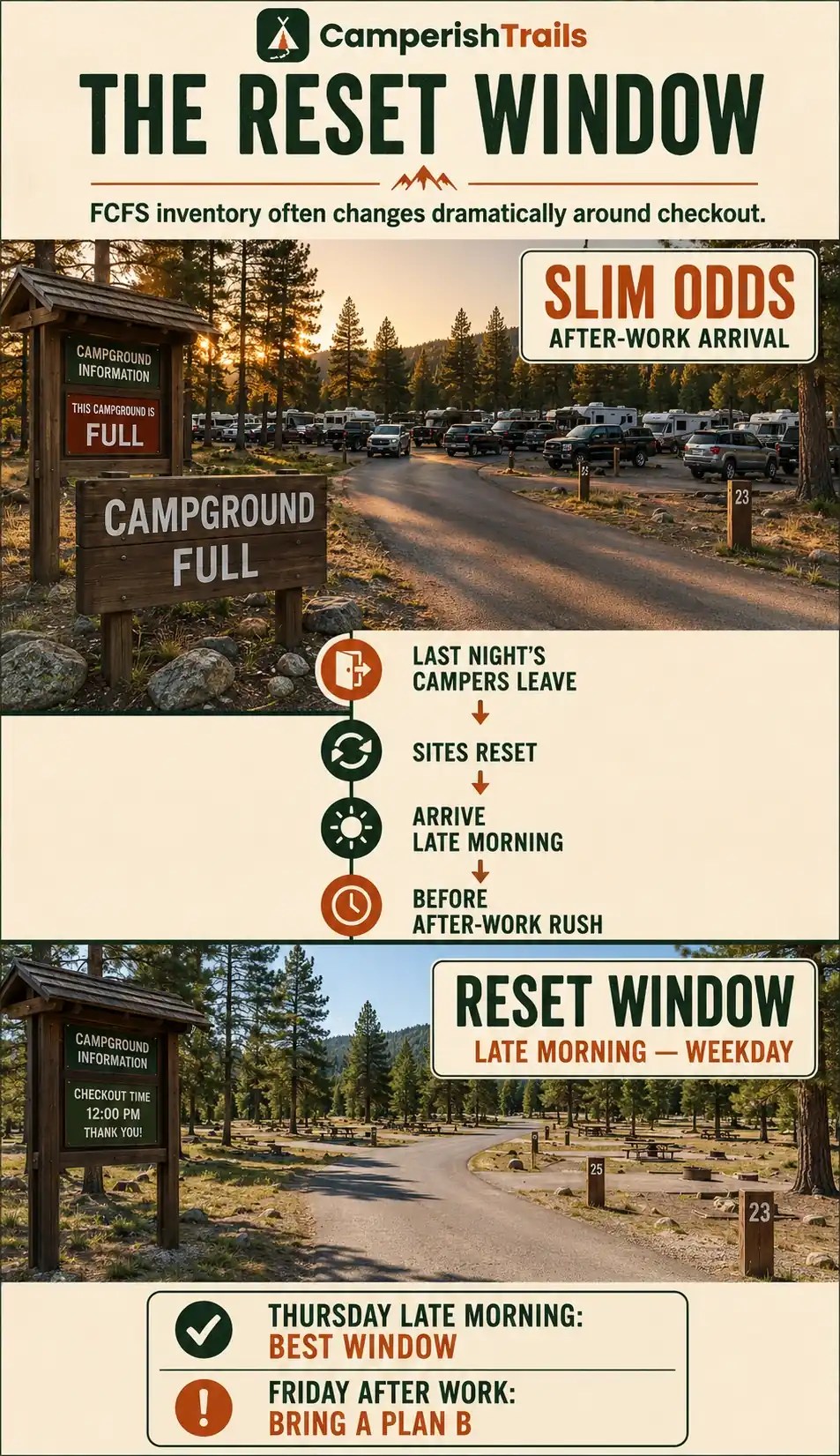 First-come, first-served campground availability comparison showing low odds after a Friday workday versus more open campsites during the late-morning weekday checkout reset window.