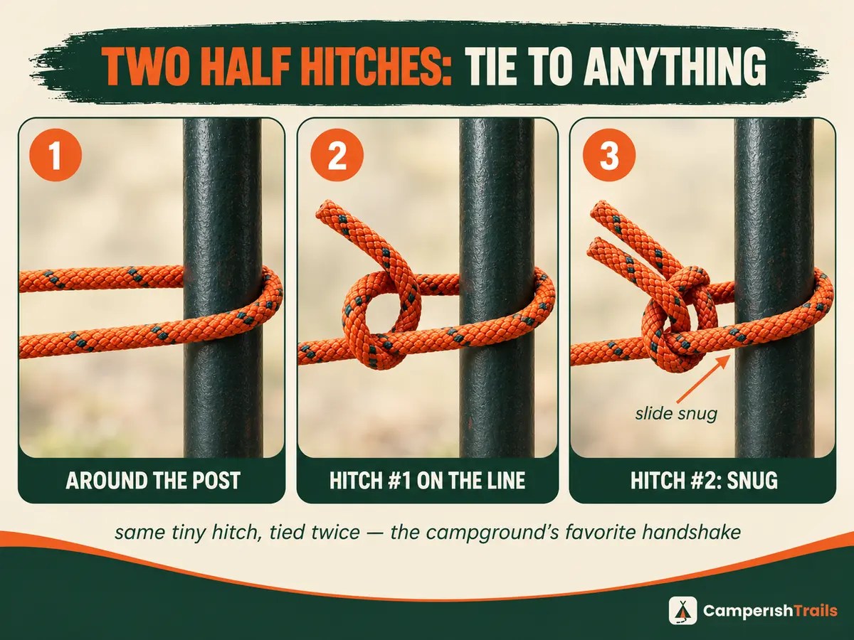 Two half hitches in three steps — around the post, first hitch, matching second hitch snugged