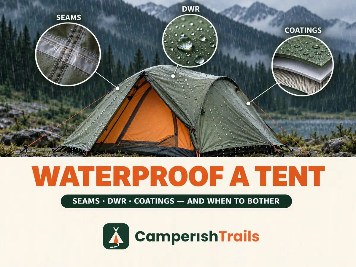 How to waterproof a tent cover with rain falling on a tent shedding beads above the title band