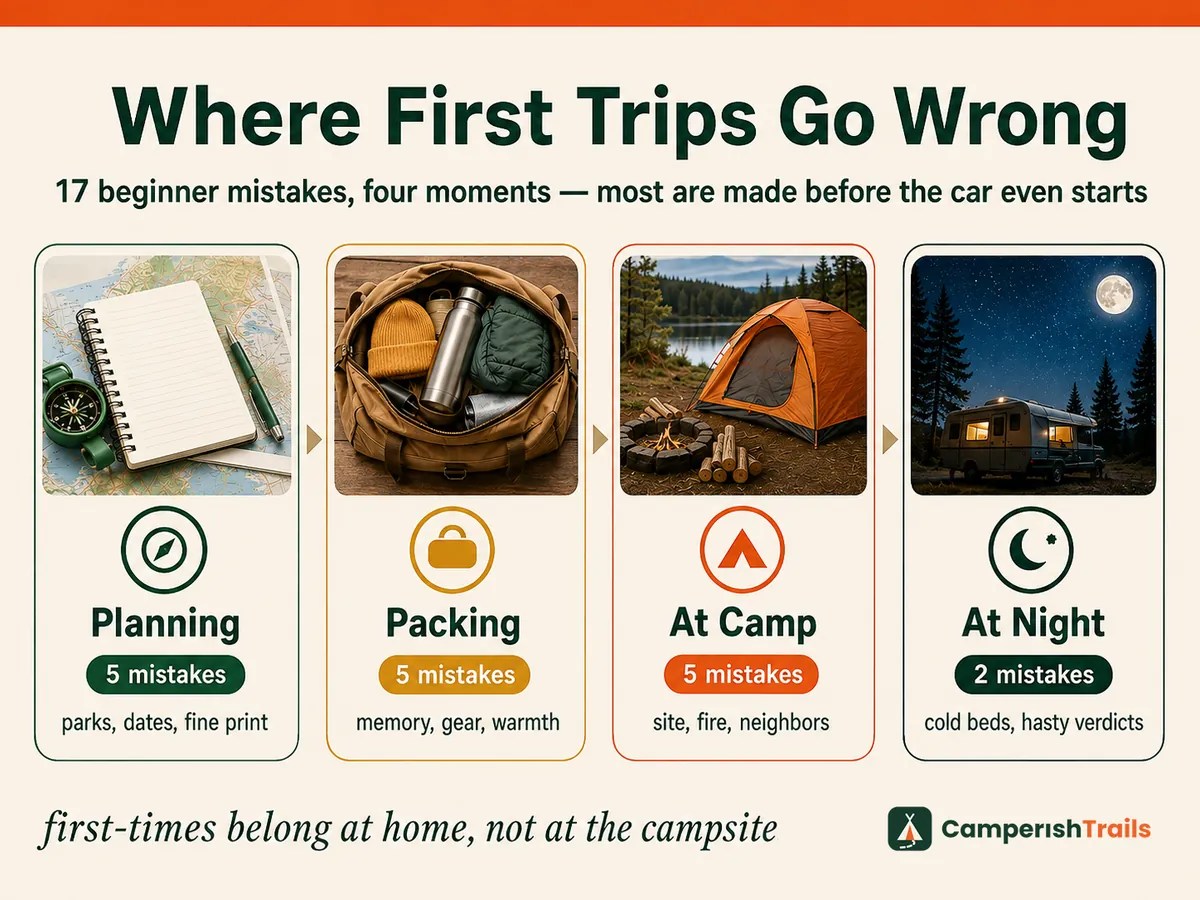 Infographic of where first camping trips go wrong — five planning, five packing, five campsite, and two nighttime mistakes