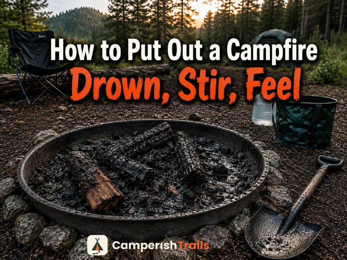 How to put out a campfire. Drown Stir and Feel: water poured on a steaming ash bed with a shovel stirring the embers