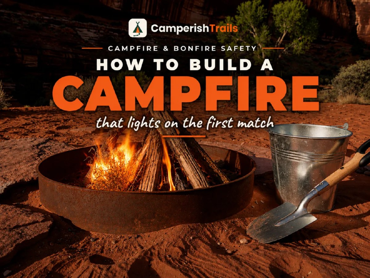 How to build a campfire safely: teepee-stacked firewood in a metal fire ring with a water bucket and shovel nearby