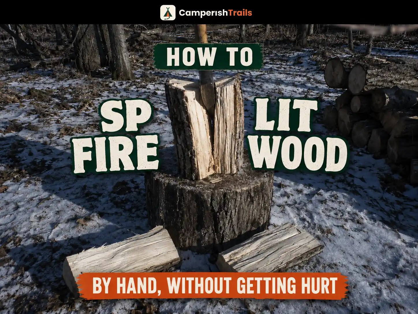 How to split firewood: an axe buried in a round cracking open on a chopping block in snow
