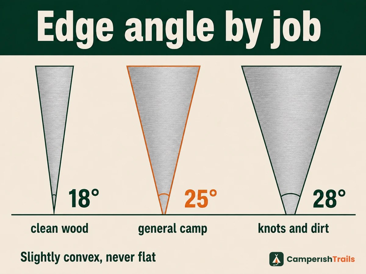 Edge cross-sections at 18, 25 and 28 degrees showing which angle suits which cutting job