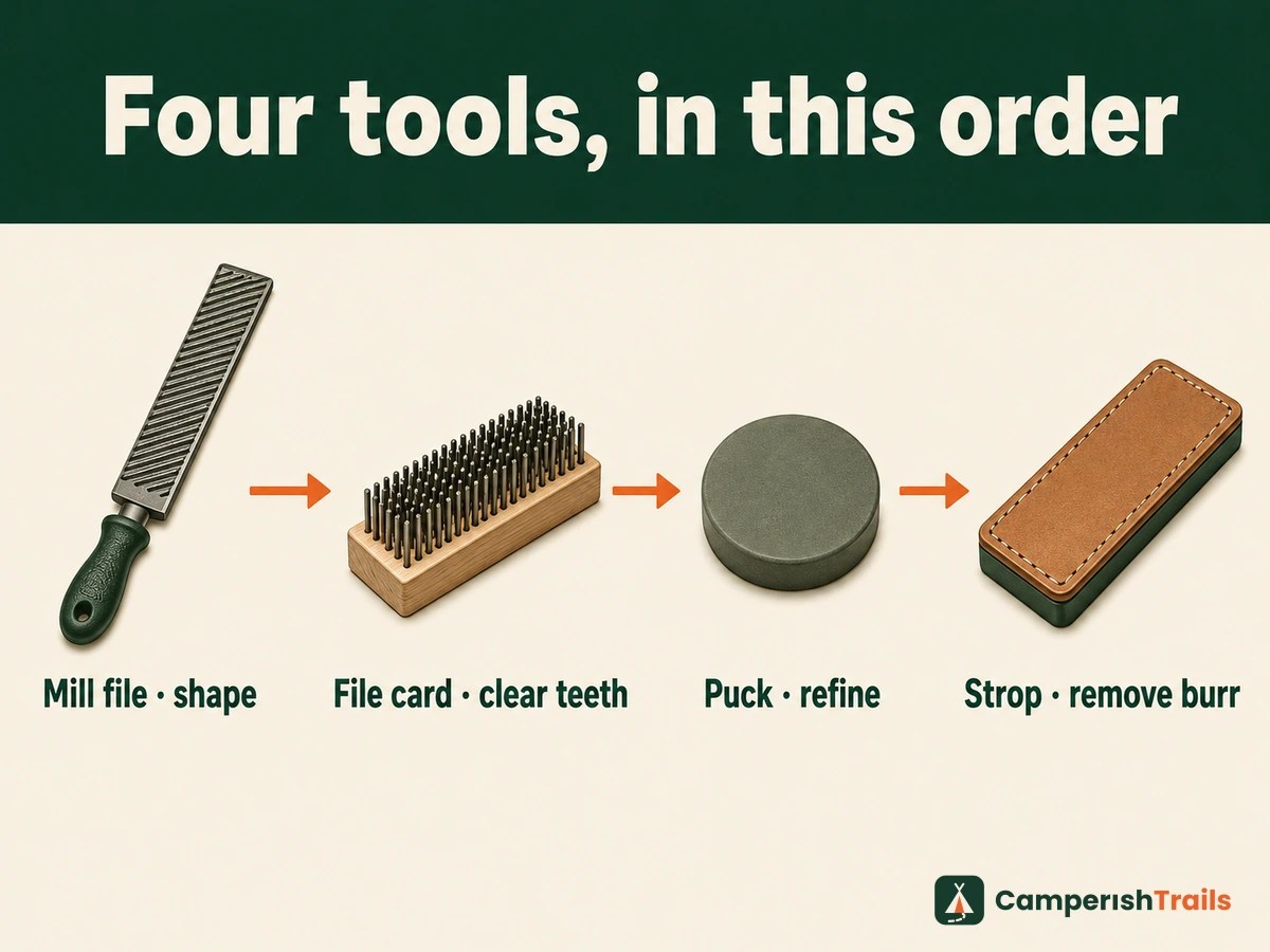 Mill file, file card, sharpening puck and strop shown in the order they are used