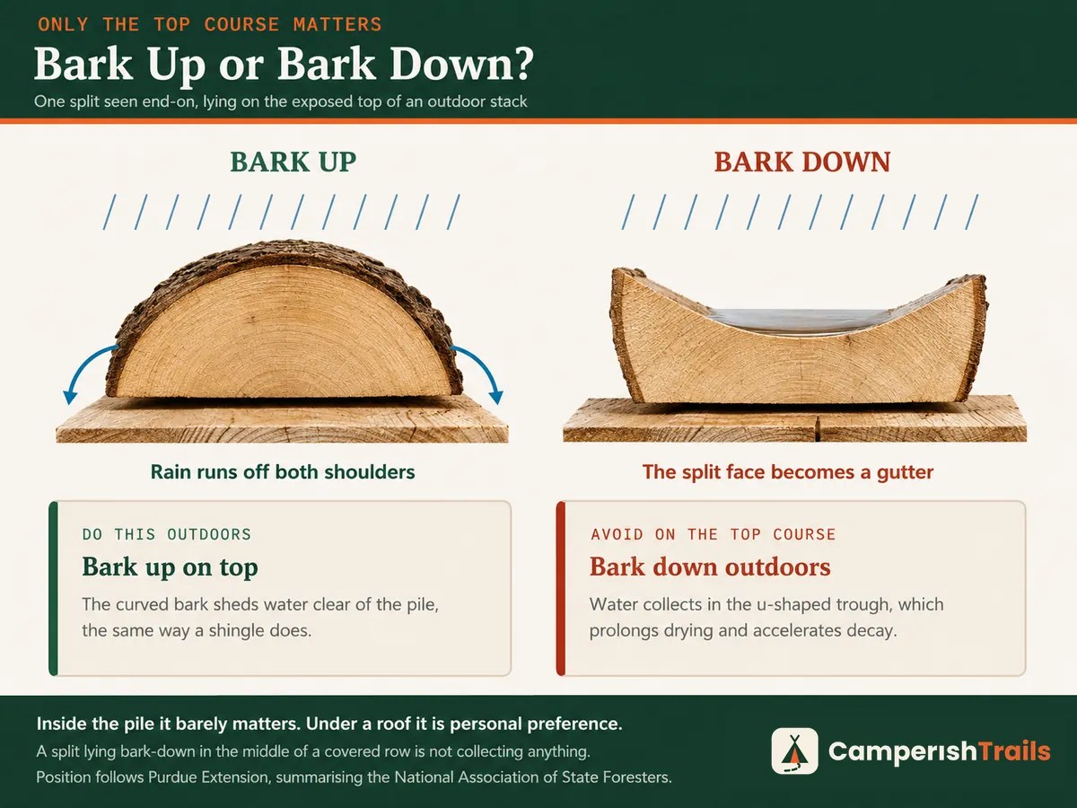 Split seen end-on showing bark up shedding rain and bark down forming a water trough