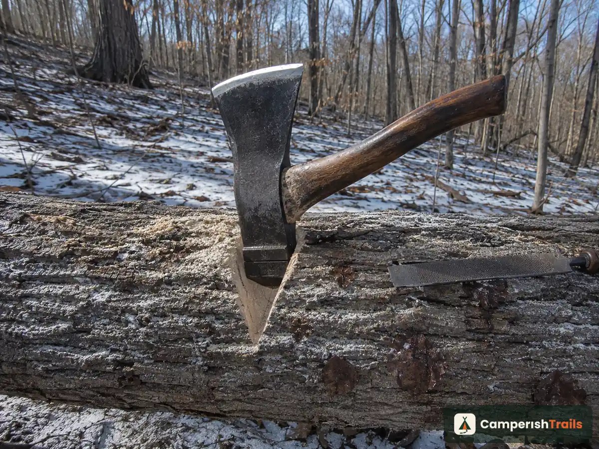 Hatchet poll wedged into a V-notch in a log so the head stays steady for filing
